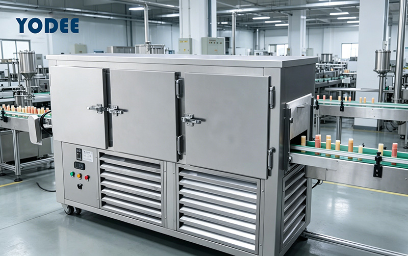 Industrial Lipstick Cooling Tunnel in Cosmetic Production Workshop